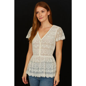 V Cristina Women Peplum Top Blouse Large Lace Mesh Ivory Soft Girl Romantic Boho